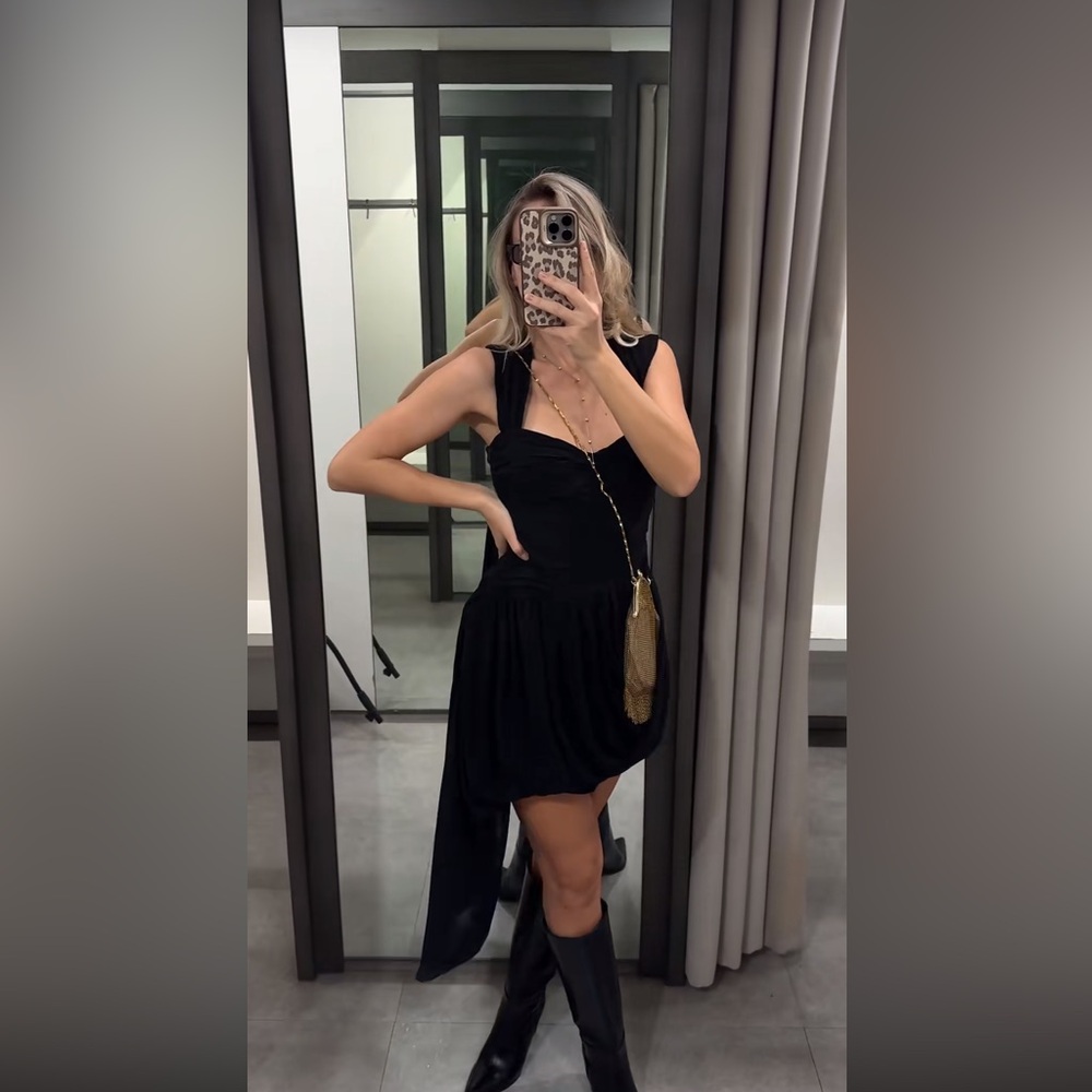 Zara Black Asymmetric Draped Mini Dress with One-Side Cascade